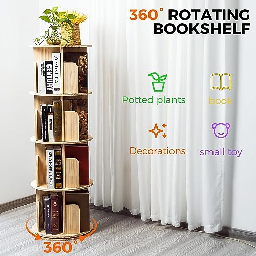 MYOYAY 4-Tier Solid Wood Bookshelf Floor Standing Bookcase 360° Rotation Book Storage Cabinet Magazines Potted Plants Display Stand Holds Up to 2