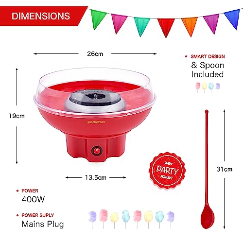 Global Gizmos 55889 Compact Candy Floss Machine / 400W / Carnival Style Candy Floss Maker / Spinning Tool Included / Red Colour / 26cm x 19cm
