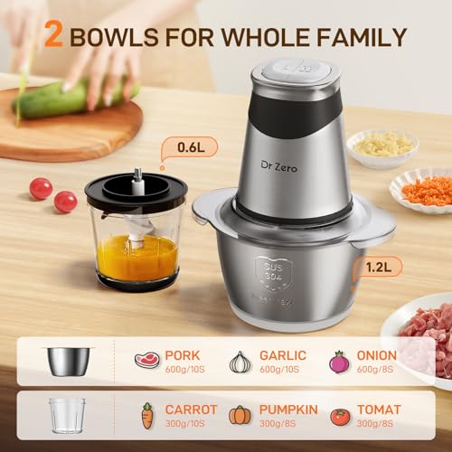 DR.ZERO Food Processors with 2 Bowls, Mini Chopper Electric Food Chopper 4 Bi-Level Blades, 2 Speed, 1.2l and 0.6l, Meat Mincer 500W for Baby Foo