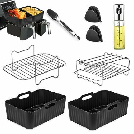 Air Fryer Accessories, 8PCS for Ninja Dual AF400UK & Tower T17088 & AF300UK 7.6L-9.5L Dual Air Fryer, Including 8.46inch Reusable Silicone Air Fr