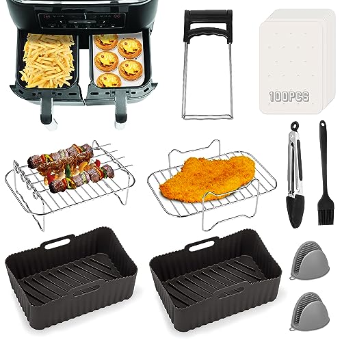 Air Fryer Accessories, 9 PCS Accessories for Ninja Dual AF400UK AF300UK, Silicone Air Fryer Liners & Air Fryer Racks & Silicone Gloves & Food Cli