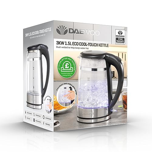 Daewoo Eco Cool Touch Kettle, 1.5 Litres, 3kw, Dual Walled, Rapid Boil, Cool-Touch Design, Led Indicator, Flip-Up Lid, Removable Filter, Cord Sto