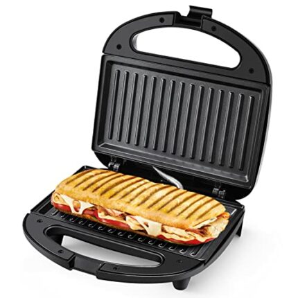 Tiastar Panini Press Sandwich Maker, Sandwich Press with Indicator Lights, Cool Touch Handle, Non-Stick Coated Plates, 750W, Black