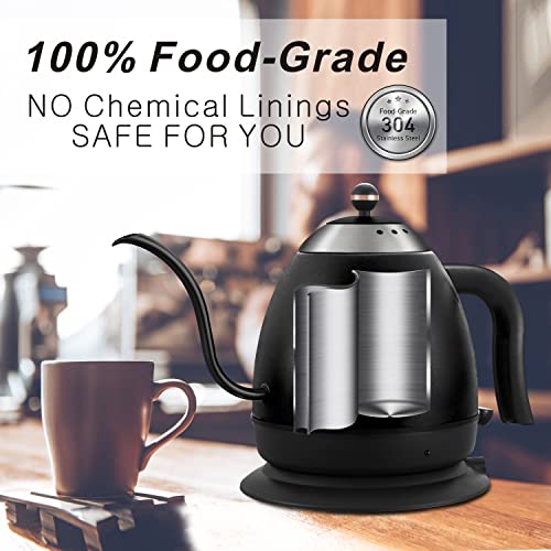Electric Gooseneck Kettle with Temperature Display, Black Pour Over Coffee Kettle 100% Stainless Steel Hot Water Boiler, 1000W Fast Boil Kettles,
