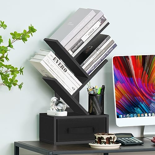 SHEEPAM Small Book Shelf with Drawer,3 Tier Black Tree Bookshelf,Wooden Desktop Bookcase,Modern Desk Display Storage Bookshelves,Floor Standing O