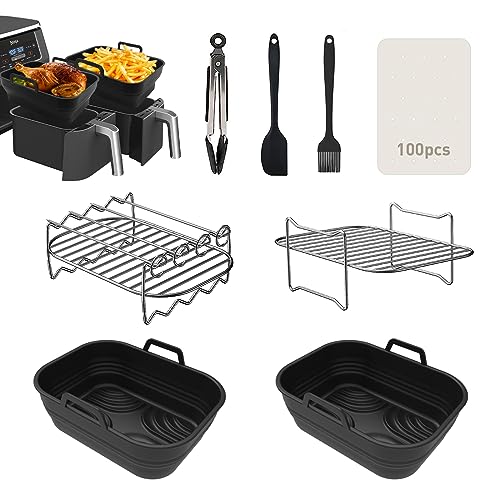 EAIMi Dual Air Fryer Accessories, 7 Pcs Air Fryer Accessories for Ninja Dual Air Fryer Af400UK & AF451UK 9.5L, Collapsible Silicone Air Fryer Lin