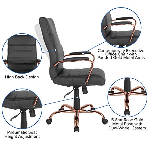 EMMA + OLIVER High Back Black LeatherSoft Executive Swivel Office Chair - Rose Gold Frame/Arms
