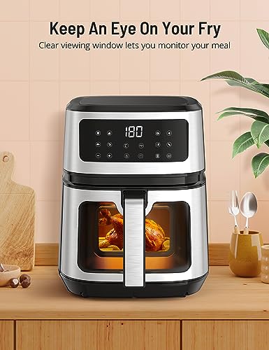 Symdral Air Fryers, 1500W Compact Fryer with 8 Presets, Max 200℃ Setting 5L Digital Oven Rapid Circulation, Display,Viewing Window,Nonstick & Dis