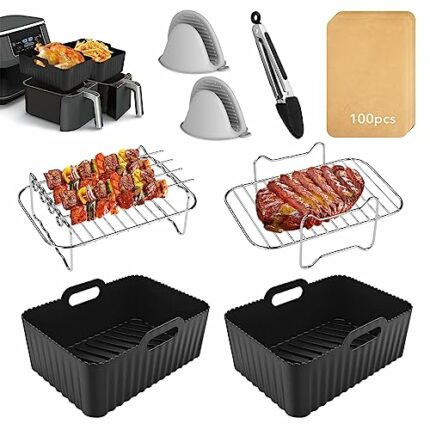 Air Fryer Accessories, Set of 8 for Ninja Dual AF300UK AF400UK Including Silicone Air Fryer Liners & Dual Air Fryer Racks & Paper Lining & Silico