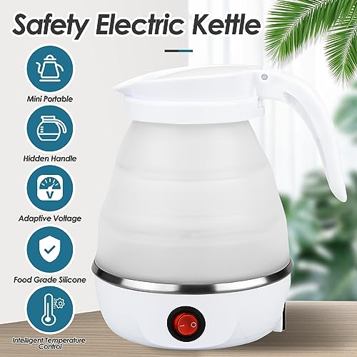 Foldable Electric Kettle, Food Grade Silicone Electric Water Boiler Camping Kettle, 600ML Mini Travel Kettle Portable Lightweight Boiler, Fast Bo