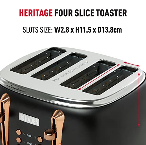 Haden Heritage Black Toaster 4 Slice - Adjustable Browning Control, Reheat and Defrost Functions 4 Slice Toaster - Stainless Steel Toaster 4 Slic