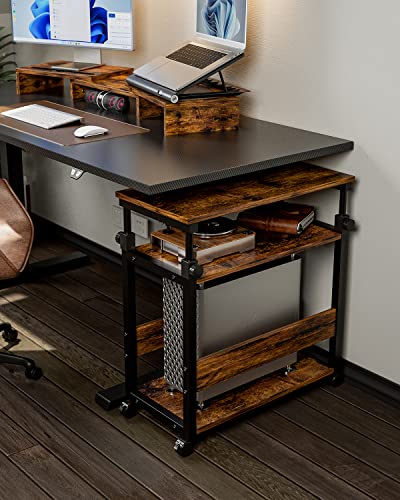 Printer Stand, Computer Tower Stand with Storage, Height Adjustable Printer Cart Under Desk, Rolling Printer Table for Home Office, Rustic Brown