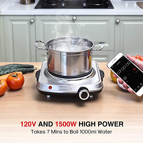 SUNAVO 1500W Hot Plates for Cooking, Electric Single Burner with Handles, 6 Power Levels Stainless Steel Hot Plate for Kitchen Camping RV and Mor