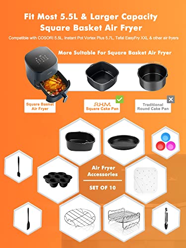 Square Air Fryer Accessories, Set of 10 Fit for COSORI 5.5L 6.4L, Instant Vortex Plus 5.7L & Other Larger Capacity Air Fryers, Including Cake Piz