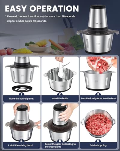 Food Processor, Cosicosy 2L Meat Grinder with 4 Durable Blades, 2 Speed Adjustable Food Grinder Stainless Steel Food Chopper for Meat, Salad, Sau
