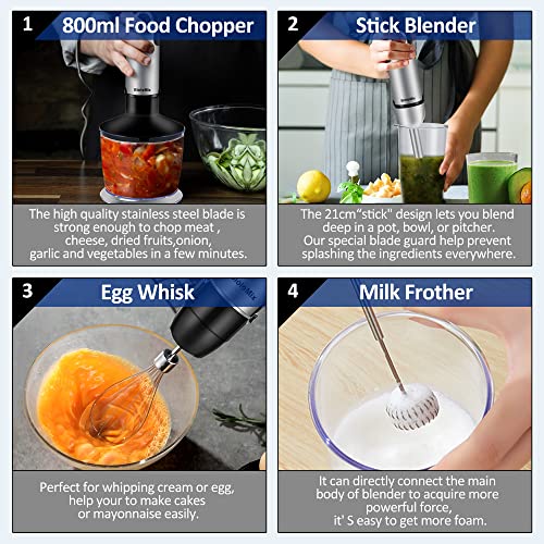 BioloMix Handheld Blender, Stainless Steel Hand Stick Blender, 4-In-1 Hand Blender with Egg Whisk, 600ml Beaker & 500ml Chopper Bowl for Smoothie