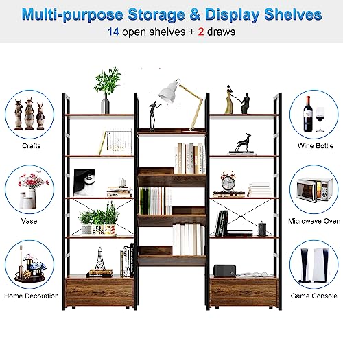 HSSZXFR Triple Wide Bookshelf 5-Tier with 2 Drawers, Industrial Bookshelves Sturdy Wood and Metal, Bookcase Spacious for Display and Storage, Lar