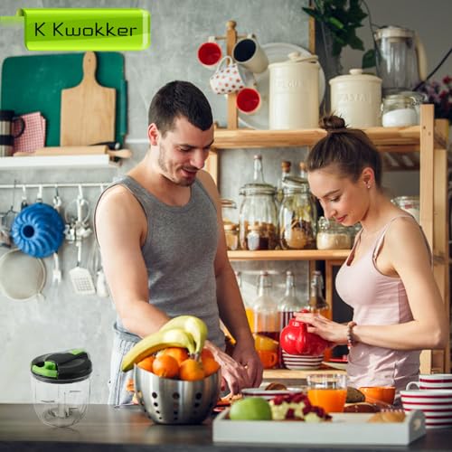 K Kwokker Manual Food Chopper, 900ml Manual Food Processors Pull String with 10 Sharp 420 Stainless Steel Blades, Vegetable Chopper Shredder, Oni