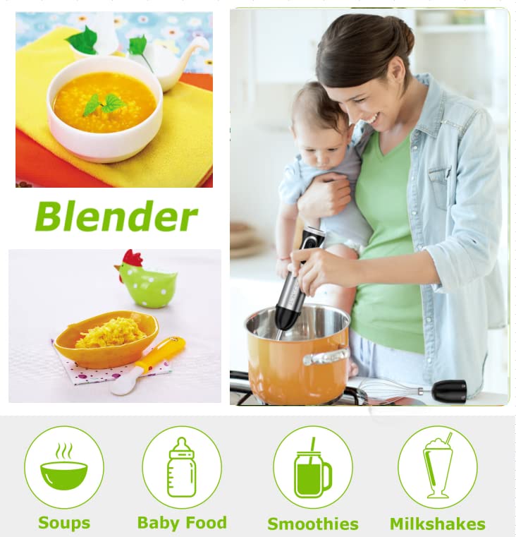 Bonsenkitchen Stainless Steel Hand Blender, 4-in-1 Stick Blender 1000W, 20 Speed Adjustable, with Whisk, 500ml Chopper and 700ml Measuring Cup, F