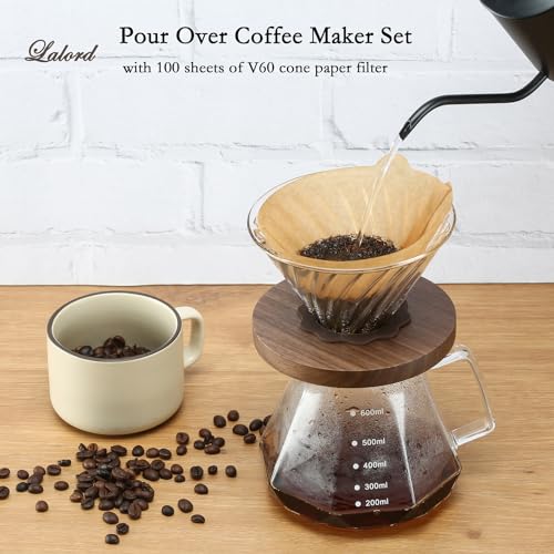 Lalord Pour Over Coffee Maker, 600 ml Borosilicate Glass Carafe with V60 Paper Filter 80 Sheets, Walnut Handle, Drip Coffee Maker for Home Café R