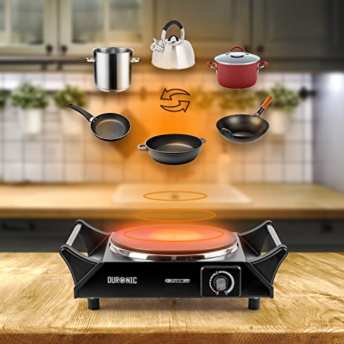 Duronic Hot Plate HP1 BK Black Steel Electric Single Hob with Handles, Table-Top Cooking 1500W 1 Cast Iron Portable Hob Ring, Cooking Boiling Fry