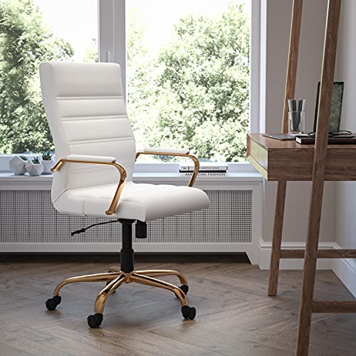 EMMA + OLIVER High Back Black LeatherSoft Executive Swivel Office Chair - Rose Gold Frame/Arms