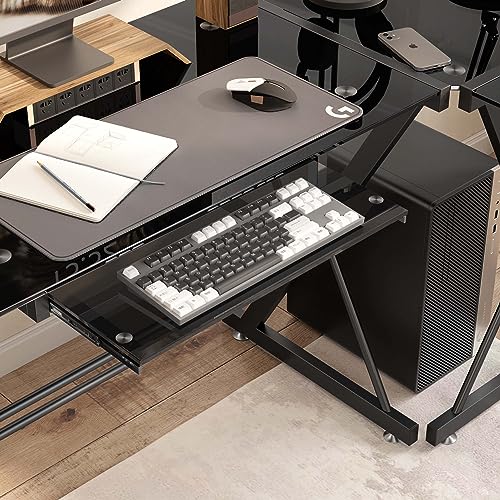 Wellynap L Shaped Glass Computer Desk,Corner L Desks Writing Desk, Gaming Table with Key Board, Space-Saving Workstation for Home, Office, Black