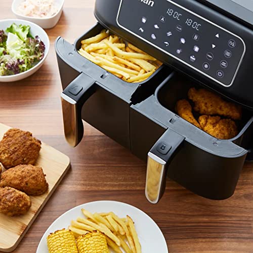 Swan SD10410N 8L Digital Dual Basket Air Fryer with Keep Warm Function, 10 One-Touch Pre-sets, Rapid Air Circulation, 1600W, Black