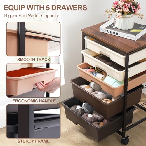 KINGRACK Storaeg Drawer Cart,Rolling Storage Cart with 5 Drawers, Storage Trolley Cart with Plastic Drawers,Utility Cart with Drawer,Wooden Table