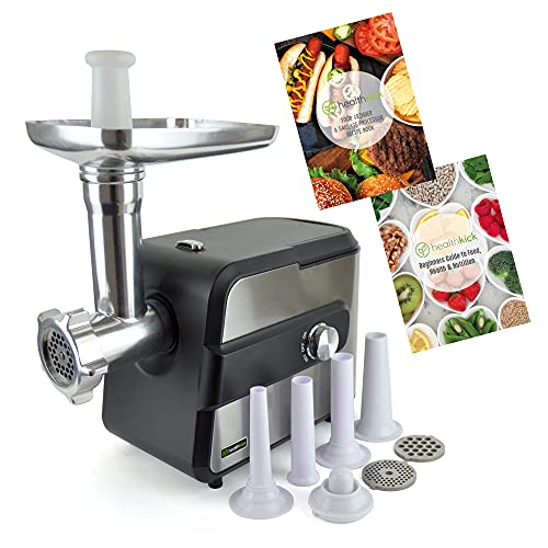 healthkick Electric Food Meat Grinder and Mincer/Burger, Sausage, Mince and Kibbeh Maker/Powerful Motor: 2600W Max/Stainless Steel / 8 Attachment