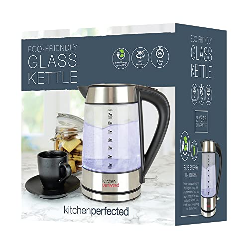 Kitchen Perfected Eco-Friendly Blue Illuminating Cordless Glass Kettle - 1.7Ltr, 2200w, Fast and Quiet Boil, 1 Cup in 60 seconds, Only boil what