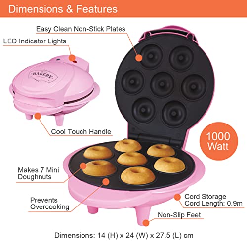 Global Gizmos 35580 Mini Doughnut Maker/Easy Clean Non-Stick Plates/Cool Touch Handle/Makes 7 Mini Donuts/Unique Thermostatic Design Prevents Ove