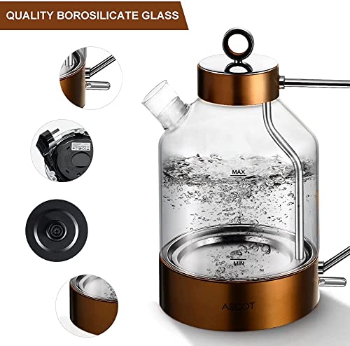 Electric Kettle, ASCOT Glass Electric Tea Kettle 1.6L 2200W Tea Heater & Hot Water Boiler, Borosilicate Glass, BPA-Free, Auto Shut-Off and Boil-D