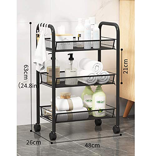 Rolling Cart, No Screw Metal Utility Cart with Locking Wheels and 4 Side Hooks, Serving Cart for Classroom Office Home Bedroom Bathroom,3
