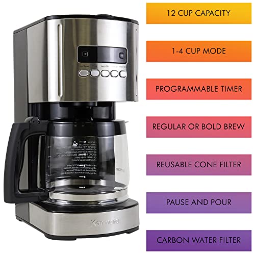 Kenmore Aroma Control 12-Cup Coffee Maker, 1.8L Programmable Drip Coffee Maker Machine, Reusable Filter Coffee Machine with Timer, Glass Carafe,