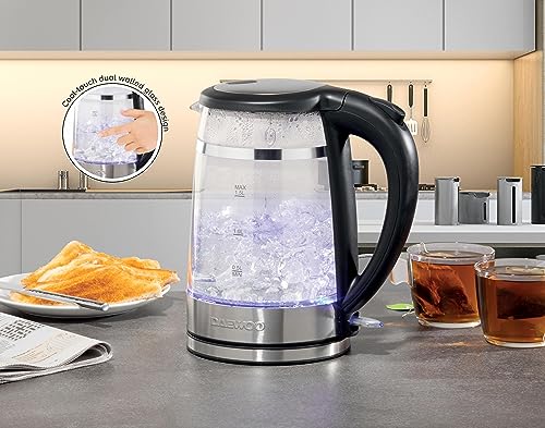 Daewoo Eco Cool Touch Kettle, 1.5 Litres, 3kw, Dual Walled, Rapid Boil, Cool-Touch Design, Led Indicator, Flip-Up Lid, Removable Filter, Cord Sto