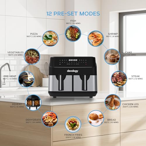 Devology Double Air Fryer - 10L - 2 x 5L Independent Dual Zone Air Fryer -50 Recipe Cookbook- 12 Cooking Programs - Digital LED Display Airfryer