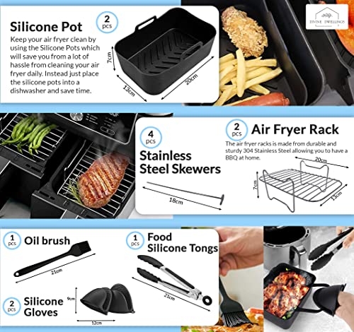 Divine Dwellings 8 PCS Dual Air Fryer Accessory Set with Reusable Silicone Liner, Stainless Steel Racks Compatible with Ninja AF300UK, Tower T170