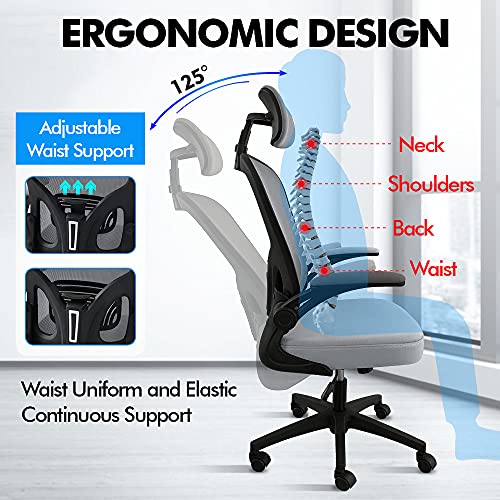 OWAY HOMELIVING TovoYar Ergonomic Office Chair High Back with Lumber Support Adjustable Desk Chair with Flip-Armrest and Mesh Back for Home Compu