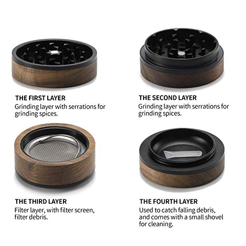 DCOU Premium Large Wooden Spice Grinder Pollen Collector with Magnetic Lid and Pollen Catcher 4 Piece 2.5 inches (Black)
