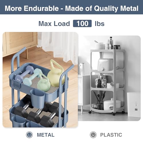 Merapi 3 Tier Foldable Rolling Cart, Metal Utility Cart with Wheels, 3 Hanging Cups and 6 Hooks, Folding Trolley for Living Room, Kitchen, Bathro