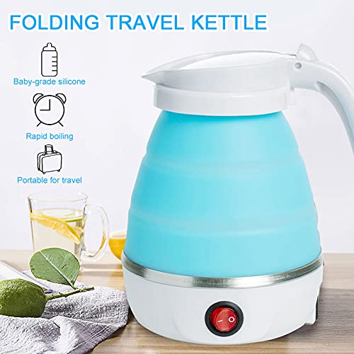 Foldable Electric Kettle, UK 600ml Portable Fast Boil Folding Kettle, Food Grade Silicone Boil Dry Protection with Separable Power Cord for Campi