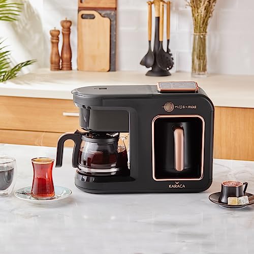 KARACA Hatır Plus Mod 5 in 1, 750ml Tea/Filter Coffee & Turkish Coffee Maker Black Copper, Tea, Milk Drink Heating, Turkish Coffee, 1385W, 5+5 Cu