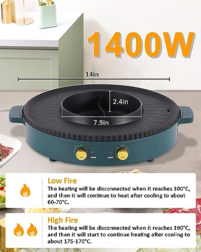 Hot Pot Grill 2-IN-1 Electric Grill with Hot Pot 42cm Korean BBQ Grill Indoor, Hot Pot with Divider, Nonstick and Smokeless,Dual Temperature Cont