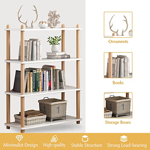 IOTXY 4-Tier Wooden Shelf Bookcase - Modern Open Bookshelf, Free Standing Storage Rack, Multifunctional Display Stand for Home and Office, White,