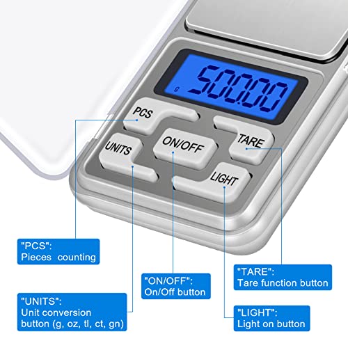 JADUFHU DigitalKitchenScales 0.01g X 500g Mini Kitchen Pocket Precision Gram Weed Scales with Back-Lit LCD Display for Food Jewellery Gold Coffee