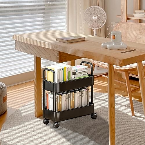 Under Desk Rolling Cart, Movable Bookshelf Cart, Mobile Book Cart Organizer, 2 Tier Bookshelf, Cart Rolling Storage Organizer for Office Home Kit