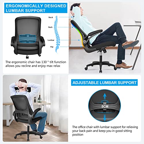 RYANGEL Desk Chair, Ergonomic Office Chair with Adjustable Lumbar Support & Flip-Up Arms, Home Office Computer Chair, Swivel Executive Task Chair