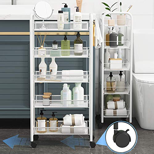 Rolling Cart, No Screw Metal Utility Cart with Locking Wheels and 4 Side Hooks, Serving Cart for Classroom Office Home Bedroom Bathroom,4