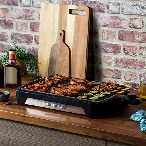 George Foreman 25850 Smokeless Electric Grill, Indoor BBQ and Griddle Hot Plate with Built In Drip Tray, Black